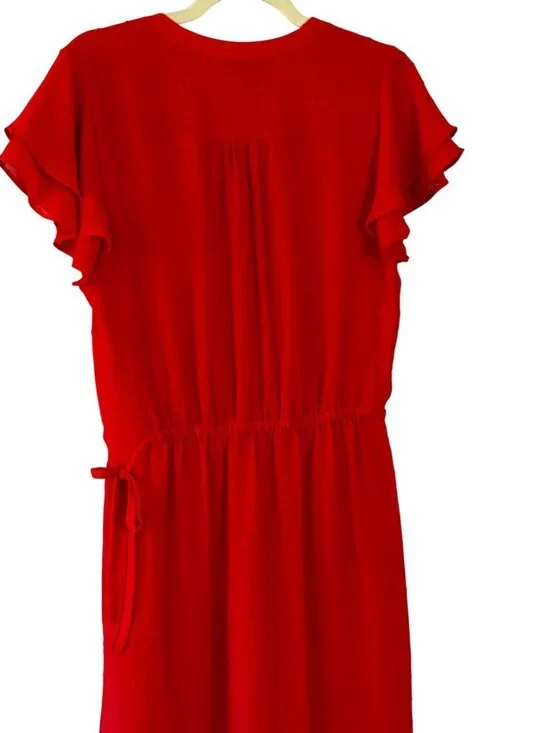 HM Red Swiss Dot Flutter Sleeve Dress Size 8 Fit and Flare Lined Mini Midi - Picture 7 of 10